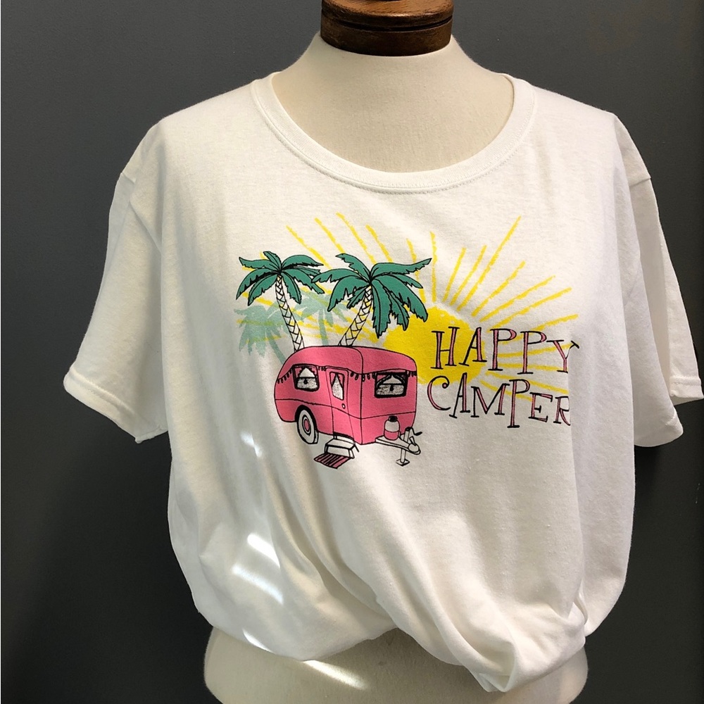 NWOT Happy Camper White T Shirt, Pink Vintage Trailer, Sz XL,
